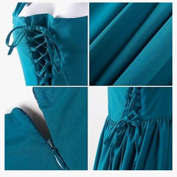 Womens Large Turquoise Blue Dress Lace Up Front Flowy Boho Cottagecore NEW - Picture 2 of 9